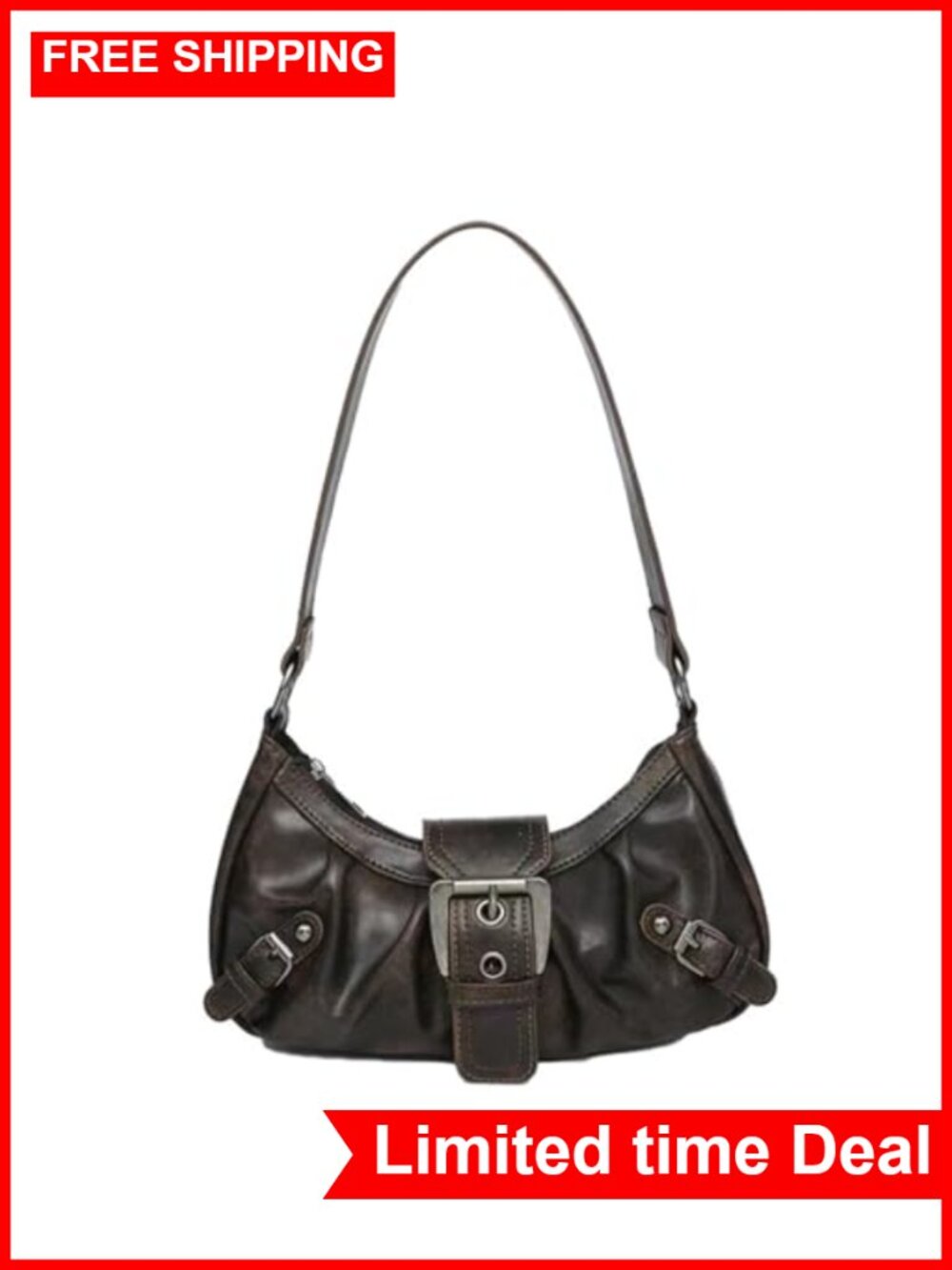 Y2K Faux Leather Hobo Bag, Punk Shoulder Purse with Metal Buckle